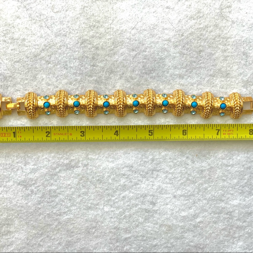 Beautiful Brushed Gold Bracelet, 8” Look of Blue Topaz and Turquoise - Picture 2 of 7